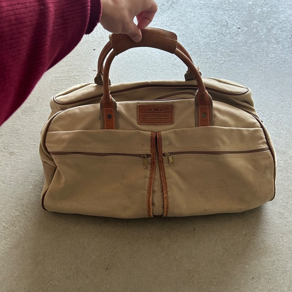 Vintage Eddie Bauer Canvas Leather Duffle Bag Weekender Travel Carry On USA